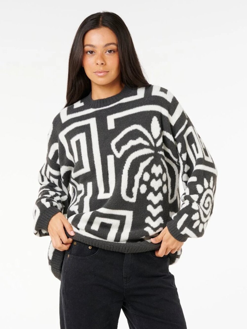 NWT Rip Curl L Black / White Sunset Luau Knit Crew Neck Sweater Top